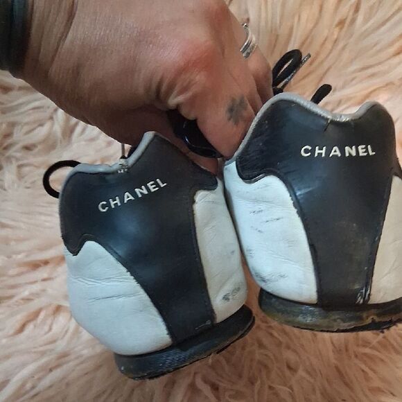Chanel 2000s Cotton CC Black and White Sneakers CHANEL Vintage Y2K Monochrome Athletic Sneakers Size 38 1/2